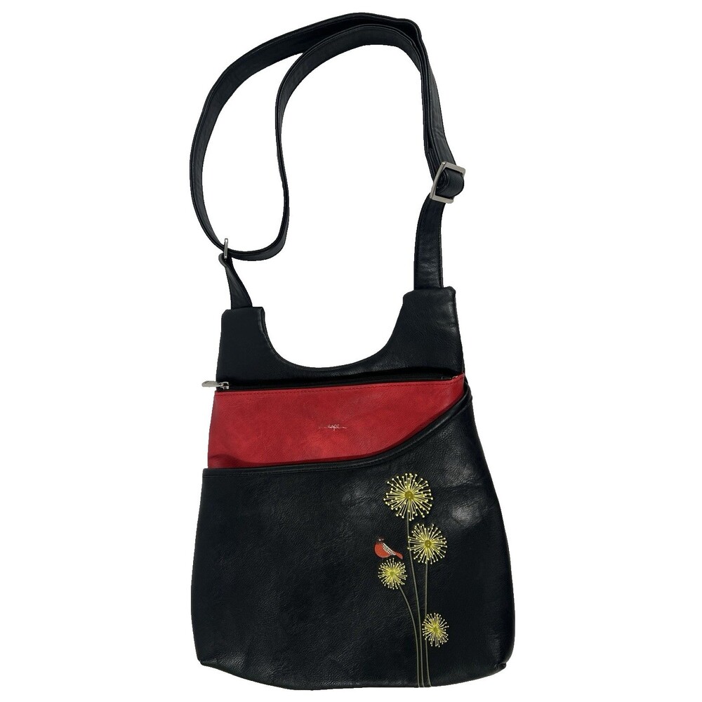 Espe Black & Red Vegan Leather Crossbody Purse Bird Dandelion Pockets EUC